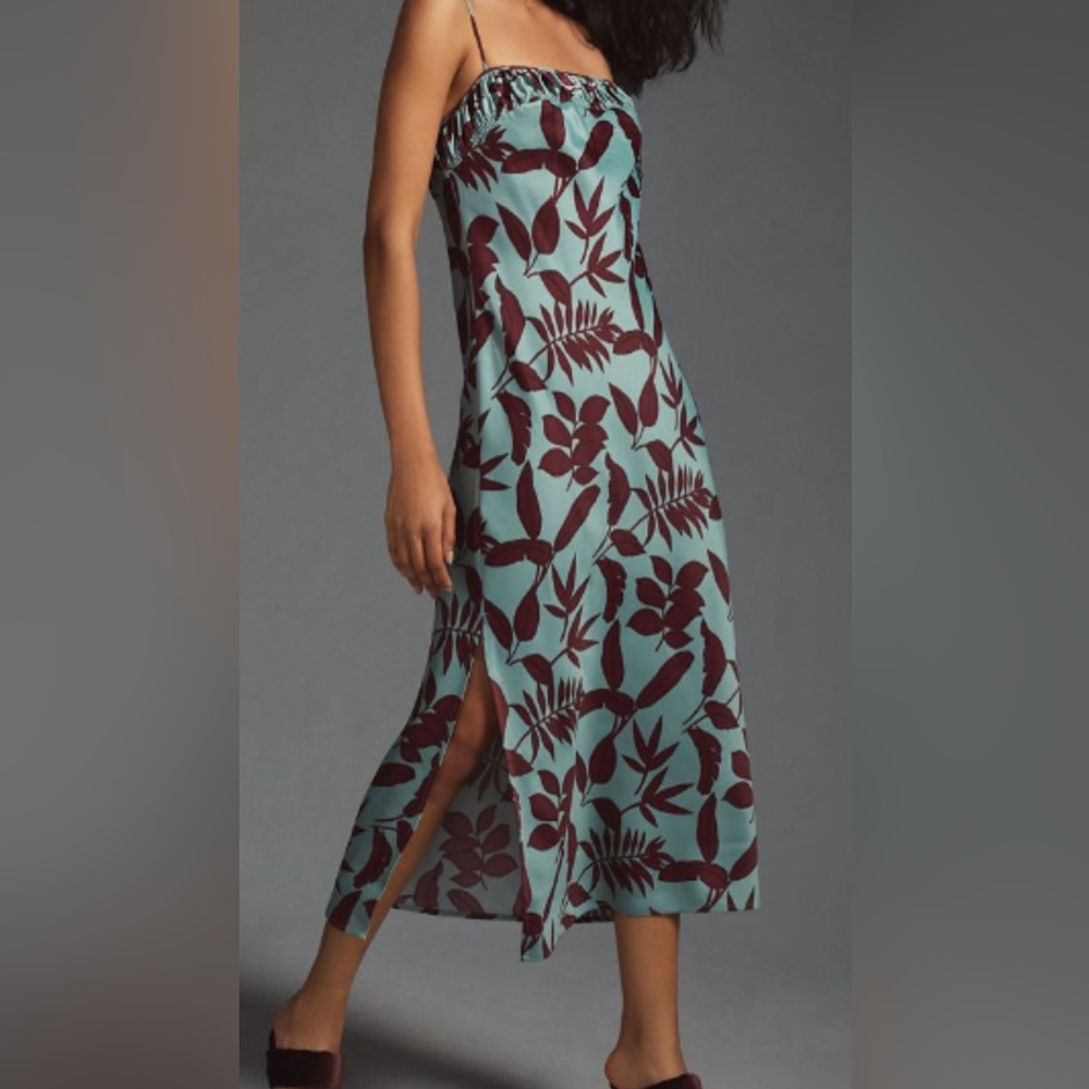 Anthropologie Light Teal & Deep Wine Print Midi Dress/Spaghetti Strap/P Small - Picture 2 of 8